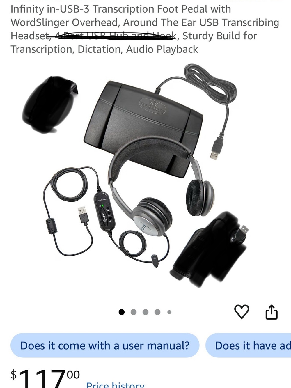 NFINITY USB Transcription Headset with Foot Pedal - Black and Silver